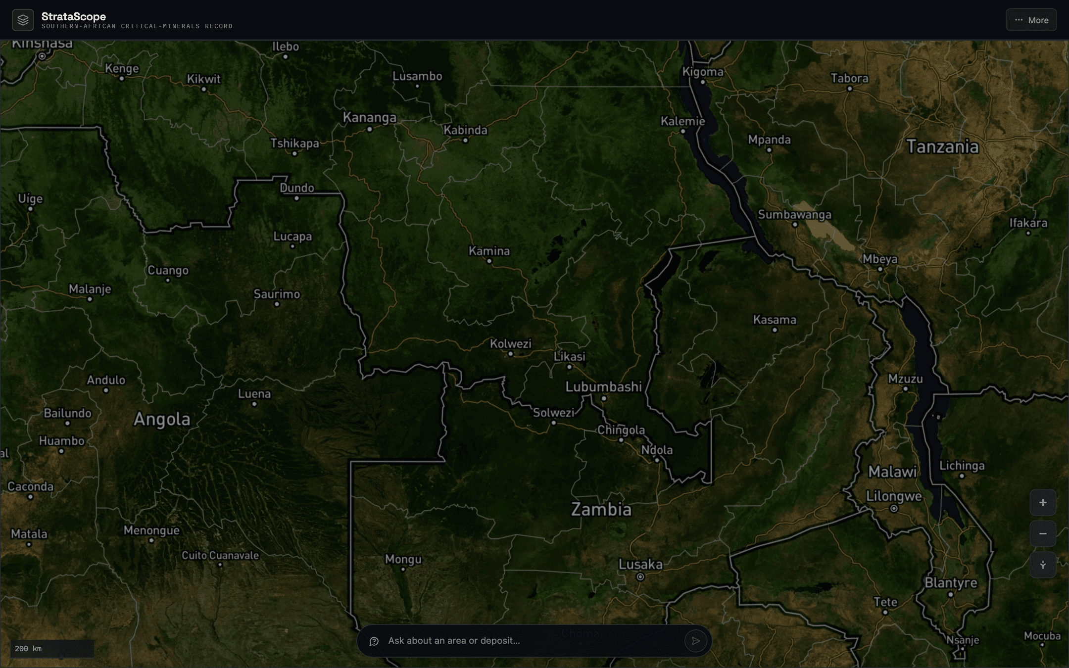 StrataScope map workspace showing Southern Africa with its ask-about-an-area prompt